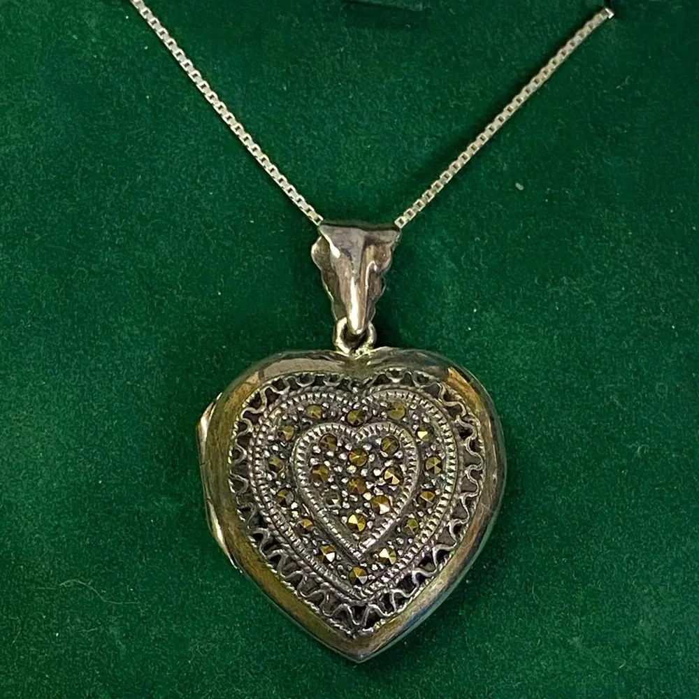 STERLING SILVER AND MARCASITE HEART LOCKET WITH 24" ITALIAN MILOR SS NECKLACE